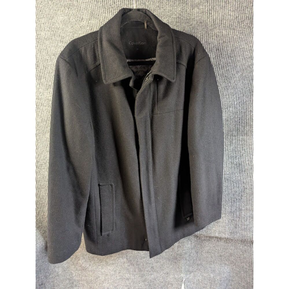 Calvin Klein Mens Coat Med Black Wool Blend Jacket Quilted Lined Zip Snap Front